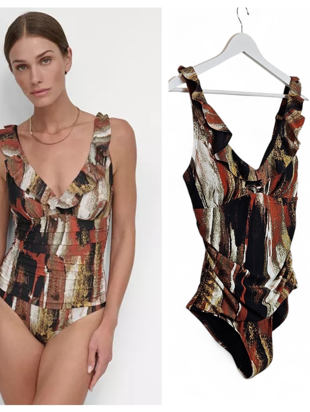 DKNY Ruffle Plunge Underwire One Piece Swimsuit Tummy Control M NWT